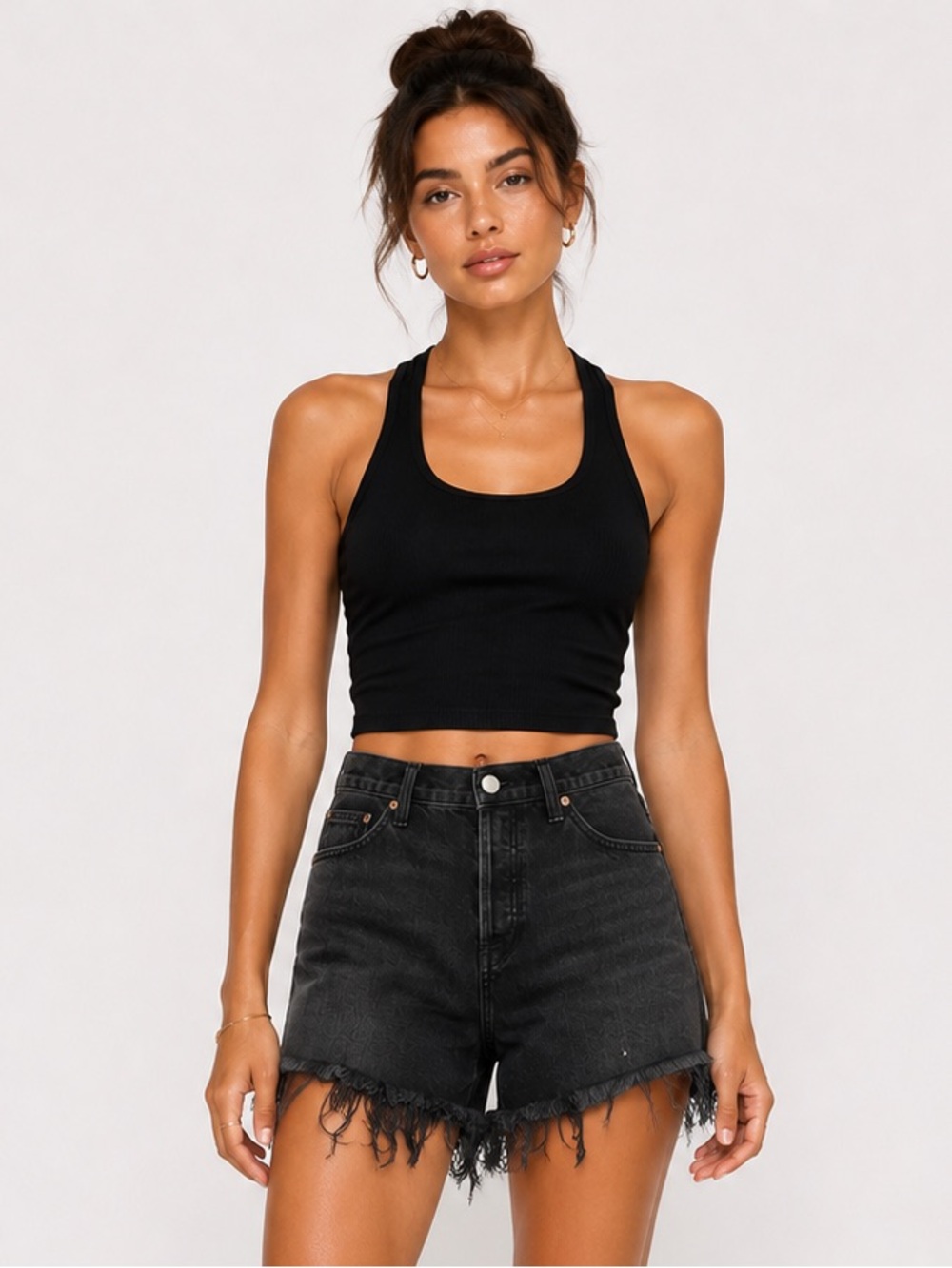 Denim Forum Ex Boyfriend Midi Short Black Frayed Hem Denim Shorts 23 Aritzia